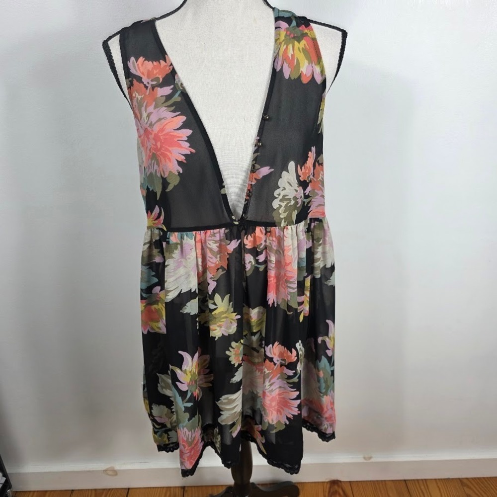 Maeve Anthropology  Floral Babydoll Tunic Women Small P Black Sheer‎ Lace V-Neck
